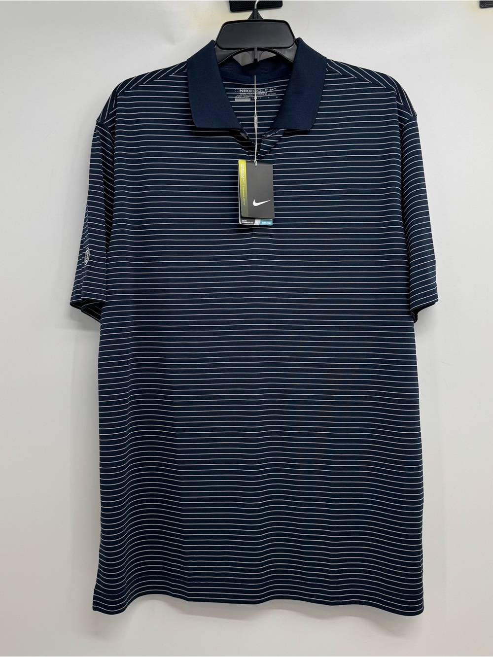 NWT Nike Men’s L Golf Dri Fit Navy Blue White Striped Polo Shirt 585748-419